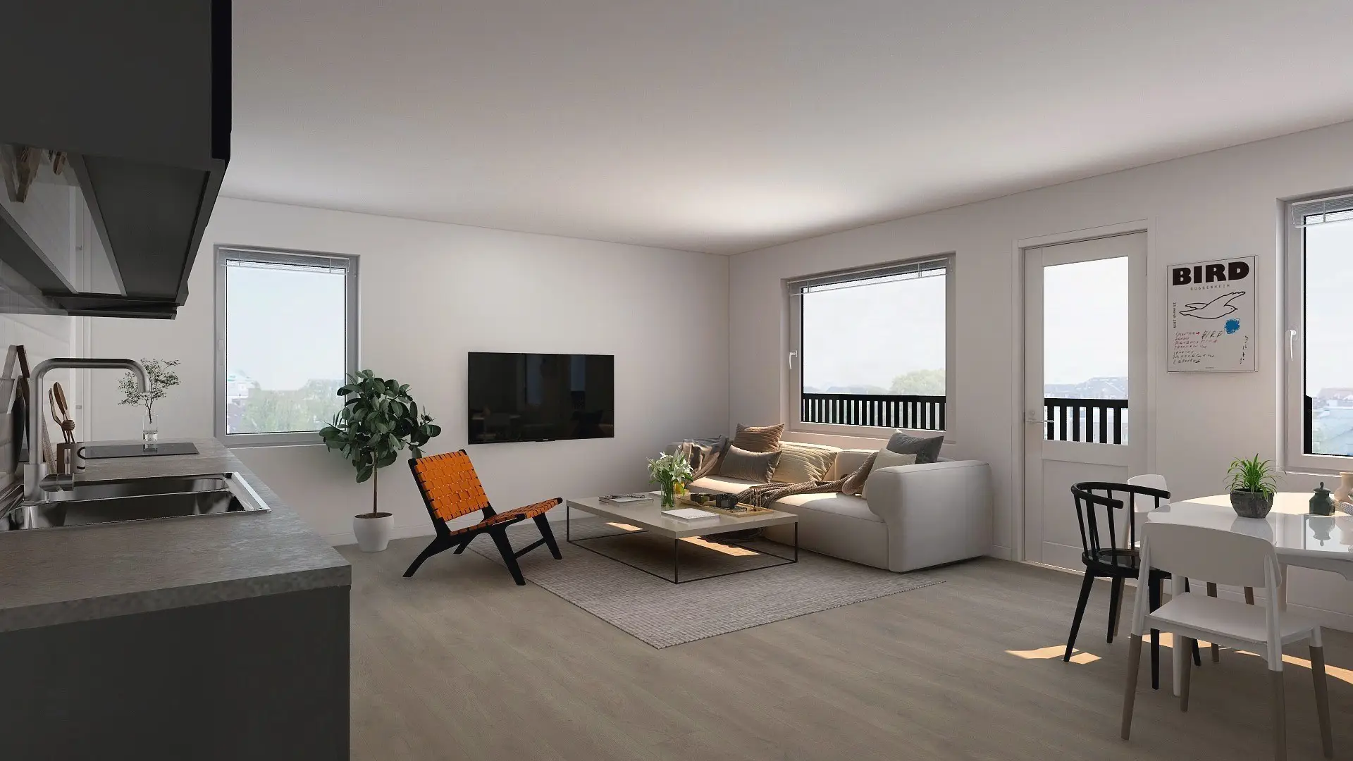 Vardagsrum med öppet kök, soffa, TV, matbord och stora fönster. Stilren, minimalistisk inredning med krukväxt och väggkonst.